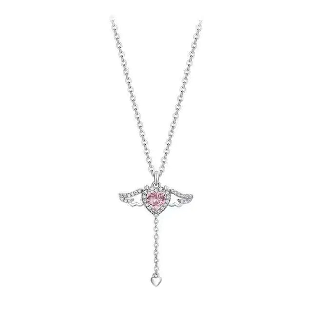 Fairy Wings Pink Heart Crystal Pendant